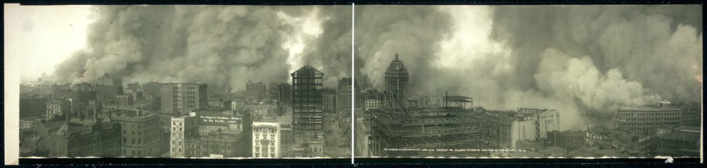 Old photographs of the San Francisco skyline with fires and smoke engulfing buildings.