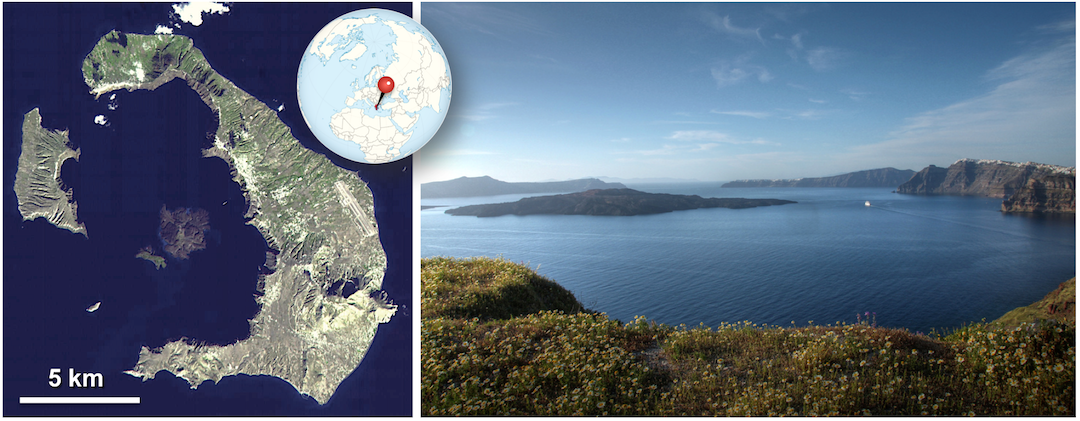 Left: Satellite photograph of Santorini which is a horseshoe shaped ring of land surrounded by ocean. Inside the horseshoe is a large bay with a small island in the center. Right: Photograph from the island across the bay where the small central island can be seen.