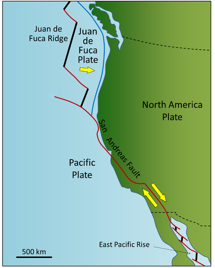 Map of the plate boundaries in the western part of North America and into the Pacific Ocean from northern Mexico to southern Canada. The plates involved are the Pacific Plate (in the Pacific Ocean and west of the San Andreas Fault in southern California and Mexico), North American Plate (the rest of North America), and the Juan de Fuca Plate (small plate in the Pacific Ocean off the coast of the Pacific Northwest area of the U.S.). The boundary between the Pacific Plate and the North American Plate through California is marked by a red line labeled as the San Andreas Fault. This is a transform boundary and yellow arrows indicate the North American Plate is moving south while the Pacific Plate is moving north in this area. The Juan de Fuca Plate is moving east and subducting under the North American Plate (convergent boundary). It has offset spreading centers (divergent boundaries) with the Pacific Plate that create a stair step with transform boundaries connecting the offset segments of divergent boundaries.