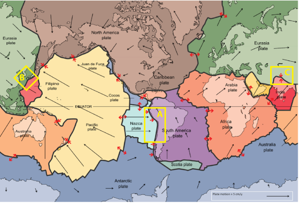 World map showing plate boundaries as described in the text and figure caption.