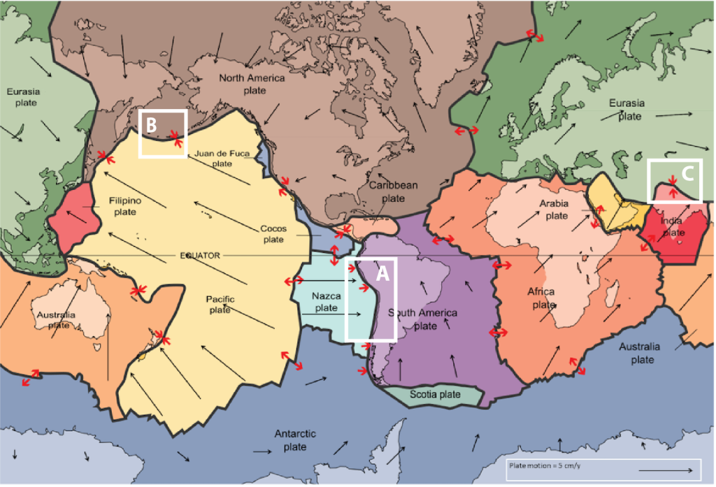 World map showing plate boundaries as described in the text and figure caption.