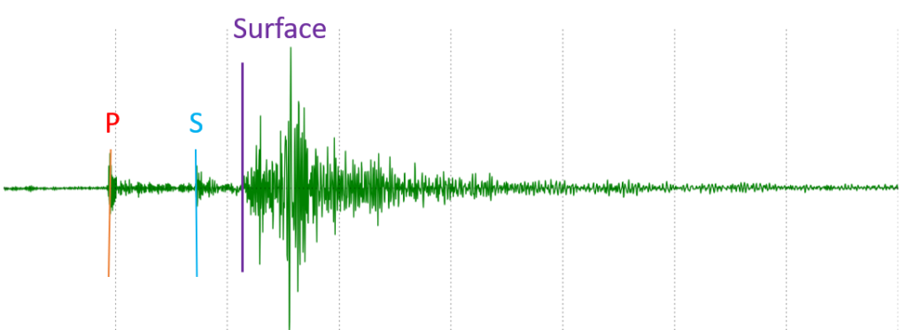 Seismogram with time increasing from left to right with vertical graph lines showing seconds of time. Total time for the graph is 8 seconds. Seismogram is an up-down squiggly line. From left to right the amplitude of the squiggles is very small/flat, indicating background noise. There is a sharp break around 1s where the amplitude of the squiggles increases by several millimeters (this is the p-wave arrival) before slowly getting smaller again over the next 0.5-0.7s. Around 1.75s there is another sharp increase in squiggle amplitude of about the same amount (several mm) marking the s-wave arrival before getting smaller over the next 0.5s. at 2.25 seconds there is a third sharp increase in squiggle amplitude marking the surface wave arrival. This amplitude increase is 4-10 times larger than either the P or S wave amplitude increases and remains large for about 1 full second before slowly decreasing back to background noise levels over another second of time.