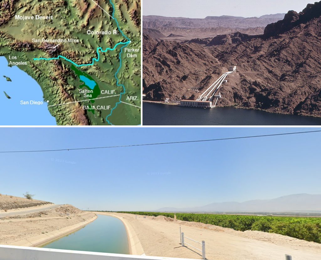 Top left: Map with the path of the aqueduct that brings water from the California/Arizona border all the way to Los Angeles on the west coast. Top right: Photograph of a pumping station that bring water out of Lake Havasu and pumps it up through large pipes over the mountains. Bottom: Photograph of an aqueduct which is a 15-20ft wide open air channel running through a completely sandy desert landscape. The only green vegetation in the photograph is the neighboring field which is being water using water from the aqueduct