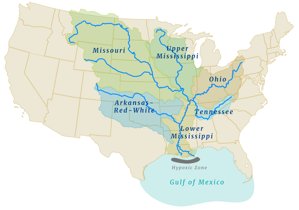 Map of the U.S. with the Mississippi River drainage basin highlighted. The Mississippi River basin is composed of 6 smaller basins which are (clockwise starting at the basin in Minnesota): Upper Mississippi, Ohio, Tennessee, Lower Mississippi, Arkansas-Red-White, and Missouri.