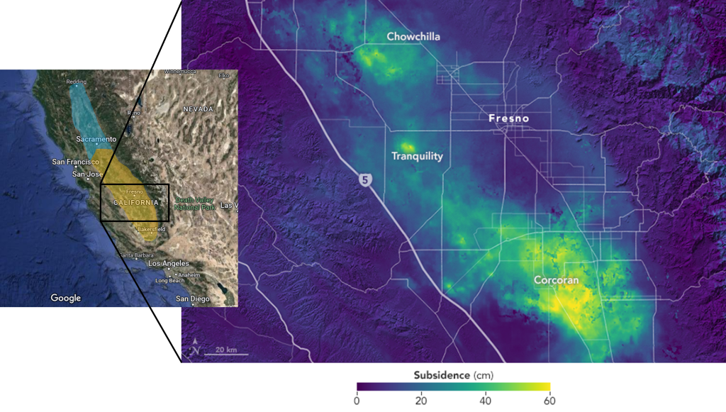 Zoomed in map of a portion of the San Joaquin Valley color coded to show subsidence that occurred in a 1 year span from 2015 to 2016. Subsidence ranged from 0 cm to 60 cm in the valley.