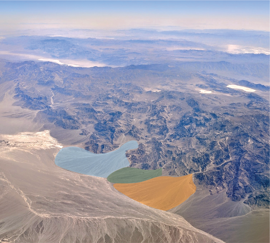 Aerial photograph of Death Valley, California. This is a dry area with mountains in the background and a valley in the foreground. Large wedge shaped piles of sediment are present spreading out into the valley at the base of the mountains. Individual wedges are color-coded for ease of distinguishing neighboring alluvial fans as they overlap in this area.