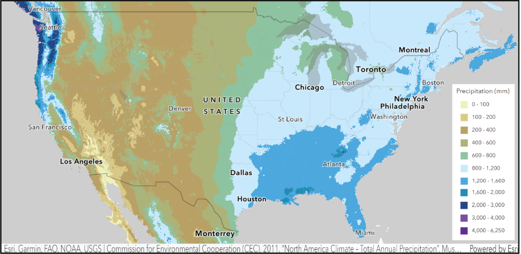 Extra description beyond figure caption: There is a distinct change from broadly arid and semi-arid conditions (less than 800 mm precipitation) to wetter conditions (greater than 800 mm precipitation) in a north-south zone that stretches from southeastern MN and Wisconsin down through eastern Texas. The southeast states (Louisian east to the coast and then north to North Carolina are very wet with rainfall mainly 1200 - 1600 mm or above in some localized zones.