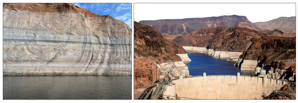 Photographs showing "bathtub rings" in Lake Powell and Lake Mead. The bathtub rings appear as layers of white rock near the water levels, while all of the rock levels higher up that have been exposed to the air for longer are weathered to a dark red-brown color.