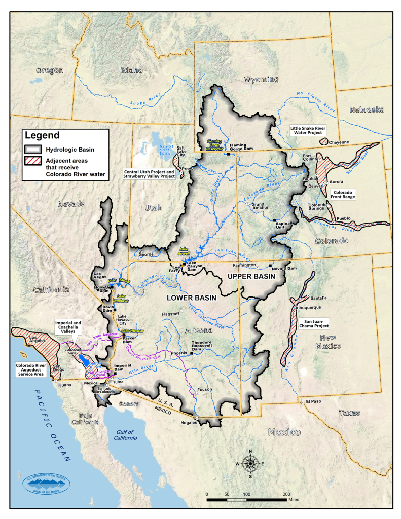 Map outlining the Colorado River Basin. The upper basin takes up the southwest corner of Wyoming, western Colorado, and Eastern Utah. Large zones in eastern Colorado, the area around Salt Lake City, Utah, and Cheyenne, Wyoming are indicated as receiving Colorado river water (they are outside the basin). The lower basin is all of Arizona, a portion of southeast Nevada, a narrow zone of western New Mexico, and a very narrow zone of California along the California/Arizona border. The area along the Rio Grande River in New Mexico, all of the Imperial and Coachella Valley area of southern California and the populated area of Los Angeles to San Diego all receive Colorado River Water from the southern Basin and are outside the basin. Large aqueduct projects connect these areas to basin water.