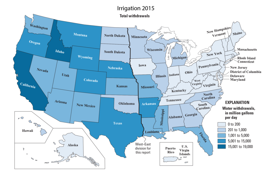 Map of the U.S. with water withdrawals for irrigation color coded by state. Generally irrigation levels are high in the western half of the U.S. The division between east and west is shown by a line created by the eastern borders of the Dakotas/Nebraska/Kansas/Oklahoma/Texas.