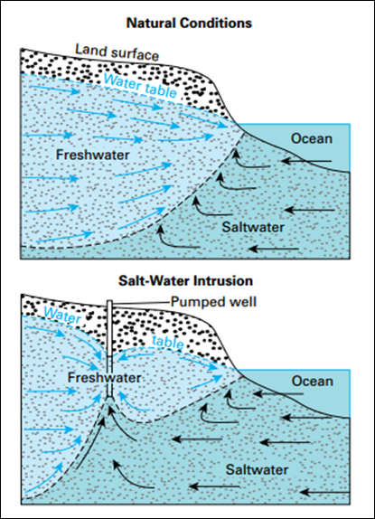 Diagram illustrating saltwater intrusion as described in the figure caption.