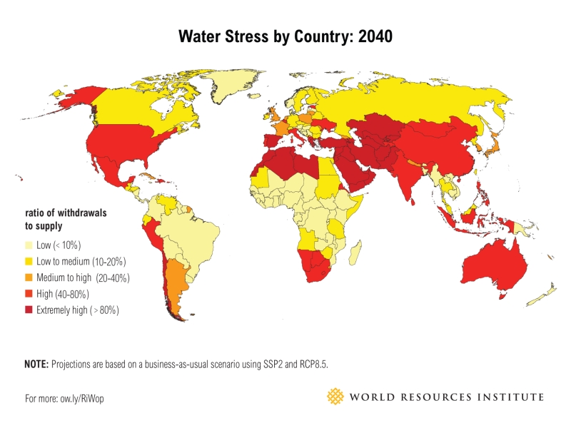 Map of projected water stress by 2040 as described in the figure caption.