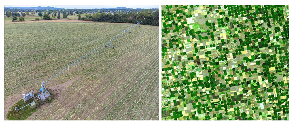 Left: Photograph of a center pivot system in a farm field. There is a large central tower where the water is connected to a buried pipe. This central tower is connected to a single long line of sprinklers on wheels that spread out across the farm field. Right: aerial photograph of a many farm fields that show circular growing areas. The circular fields are created by the center pivot sprinkler system rotating and making a large circle around the main central point tower seen in the left photograph.