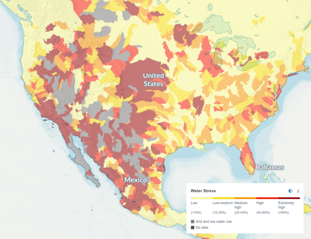 Map of the U.S. color coded to show water stress as described in the figure caption