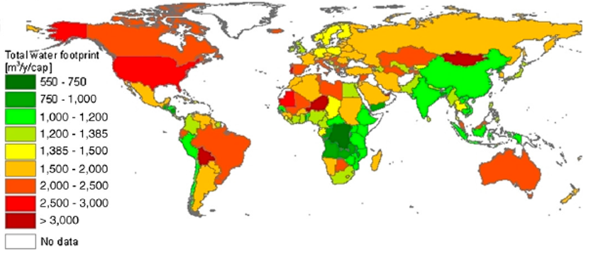 Color coded map of all countries with countries in shades of red having above average water footprints per capita and countries in shades of green having below average water footprints per capita. Relevant information about specific countries or groups of countries is discussed in the paragraph text following this figure.