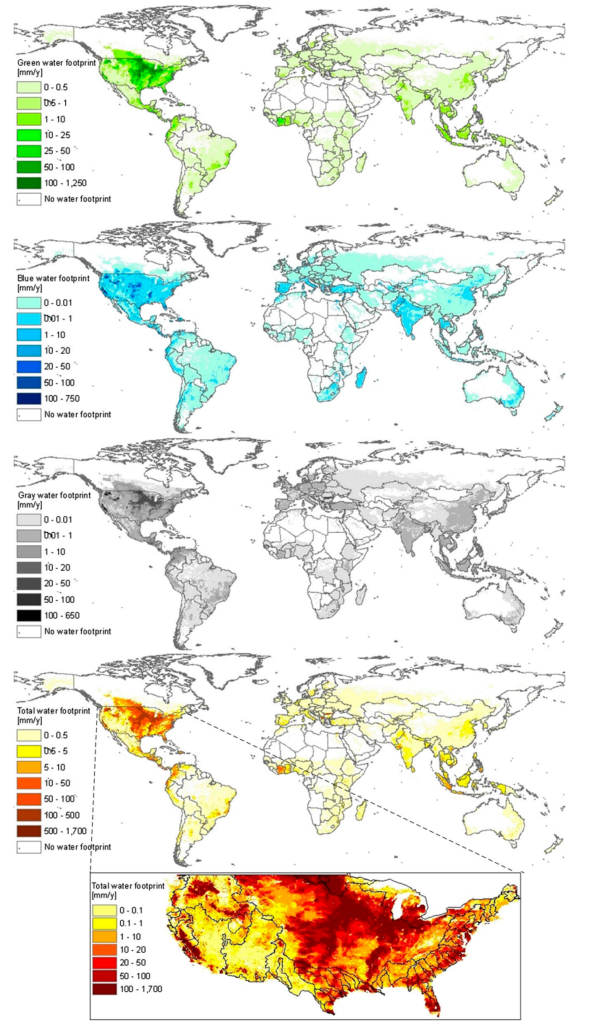 Series of 4 maps showing the global water footprint of U.S. citizens related to the consumption of crops and animal products from 1996 - 2005. Maps are green water footprint, blue water footprint, grey water footprint, and total water footprint. In all cases, the highest water usage is internal water (water within the U.S.), but these maps demonstrate that there is still water usage from all over the world that is part of the external water usage which is incorporated as virtual water in products imported to the U.S.