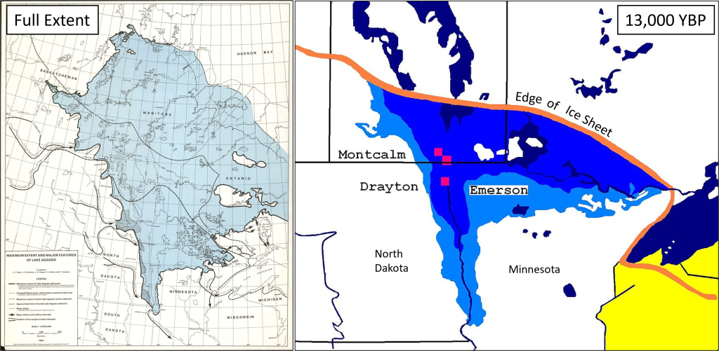 left: map showing the full extent of Lake Agassiz. It covered almost all of Manitoba, most of western Ontario, and northern Minnesota with a long arm that extended down along the North Dakota/Minnesota border.Right: Map of Lake Agassiz 13,000 years ago. At this time the edge of the ice sheet was not far north of the US/Canada border so only a small part of southern Manitoba and western Ontario was covered in water. Northern Minnesota and the arm of the lake that extends south along the Minnesota/North Dakota border were covered in water.