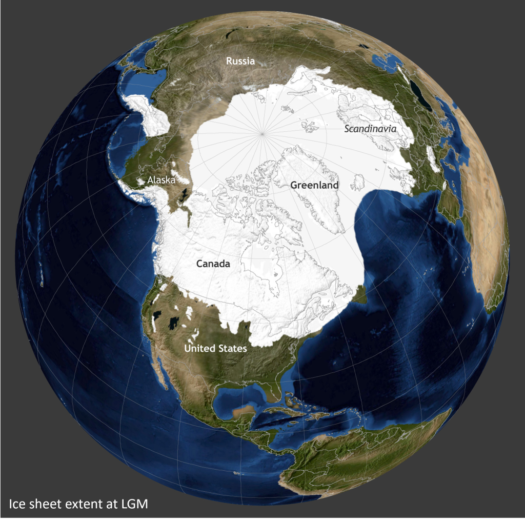 Glaciers during the Last Glacial Maximum covered all of the arctic, Greenland, Canada, and extended into the northern US and northern Europe. Lower ocean levels at this time exposed more land globally. In the US this is most prevalent along the east coast and in the Gulf of Mexico.