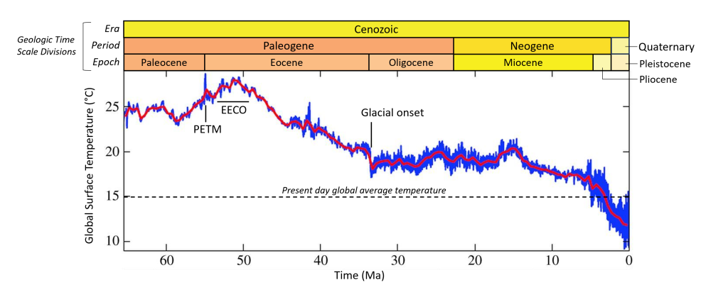 Line graph showing how global surface temperature changed over time through the Cenozoic Era (65Ma through present day). Present day global average temperature is indicated with a horizontal at about 15 degrees Celsius for reference. At the start of the Cenozoic, temperatures were around 25C, during the PETM (55Ma) and EECO (54-49Ma) temperatures rose to around 30C then slowly decreased through about 34Ma down to 20C when there was a sharp drop to 18C at the start of Late Cenozoic Glaciation. Temperatures remained around 18C until about 5Ma when temperatures fell steadily down to 12C through the Pleistocene. The rise in temperatures up to the present day temperature of 15C is not visible on the scale of this graph.