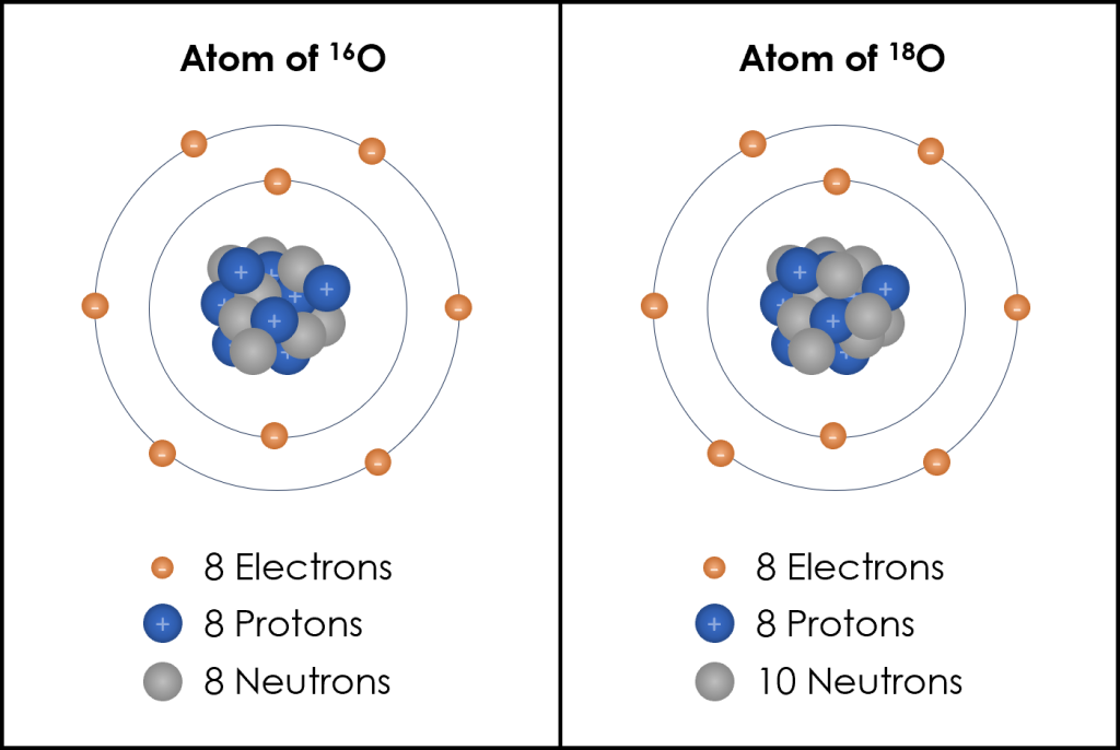 Illustrations of the two main isotopes of oxygen as described in the figure caption.