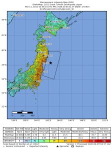 Map of Japan showing the location of the earthquake and the severity of the shaking across the country