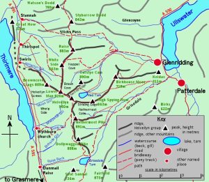 A sketch map of the Helvellyn area of northern England. Shows paths, edges, and landmarks