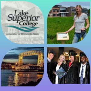 Collage showing 4 LSC photos of the logo, students, and the harbor bridge